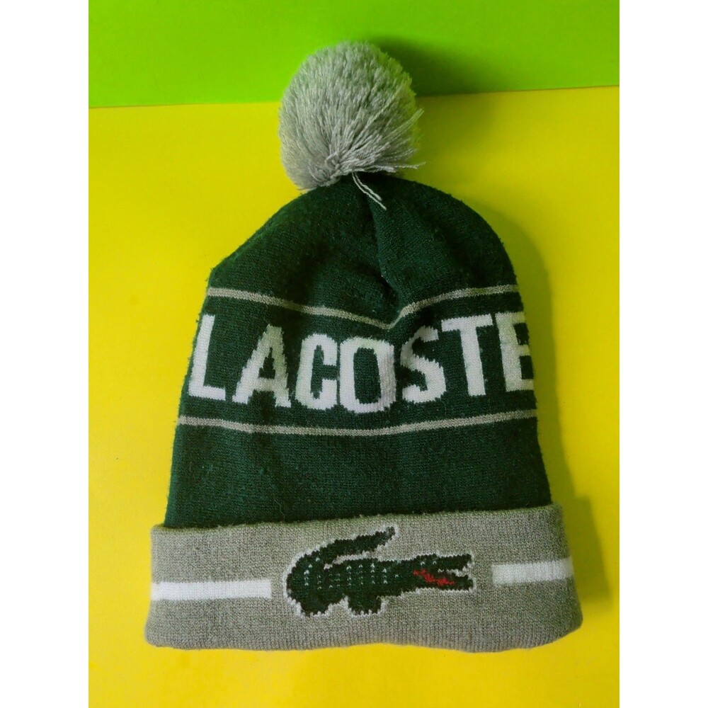 Lacoste Men Green & Gray Colorblock Knit Beanie Hat One Size  preppy Winter Hat